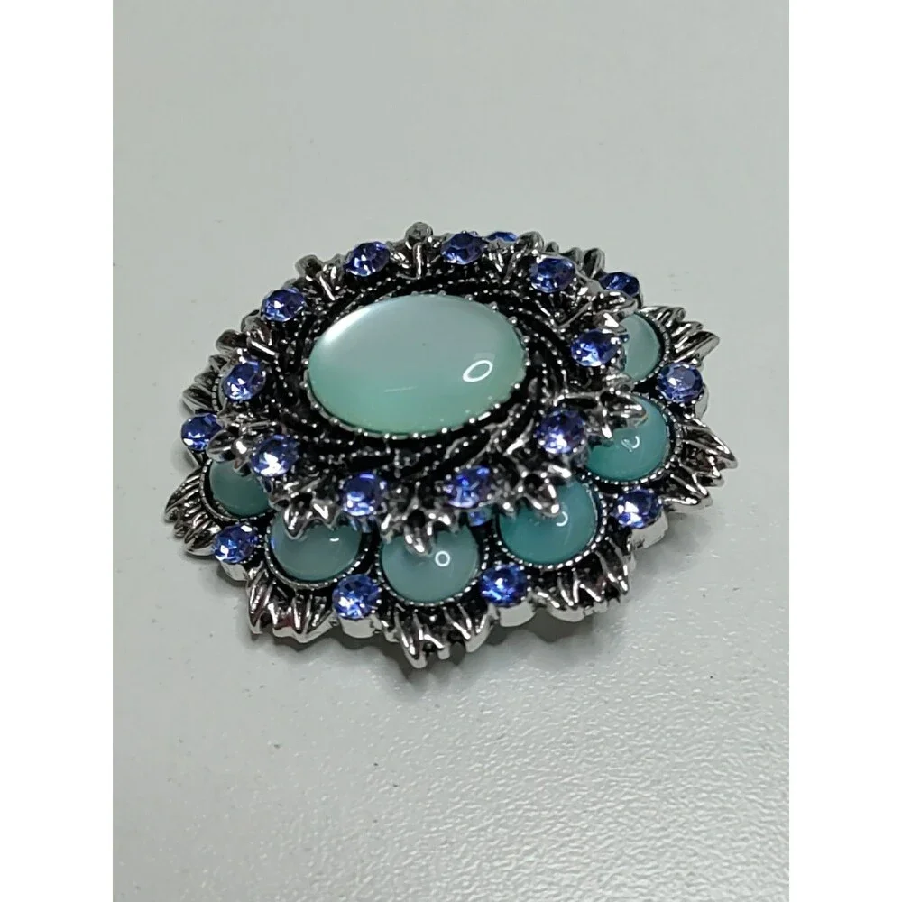 Oval 2 Tone Blue Rhinestone Brooch Fashion Brooch 2" X 1.75" 2 Layer - Picture 3 of 5